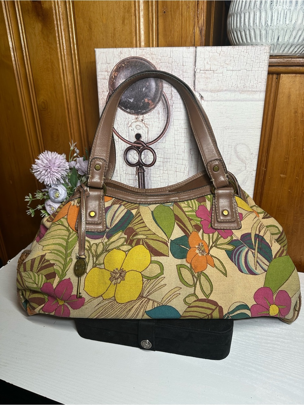 Fossil Multicolor Floral Canvas Shoulder Bag with Brown Trim